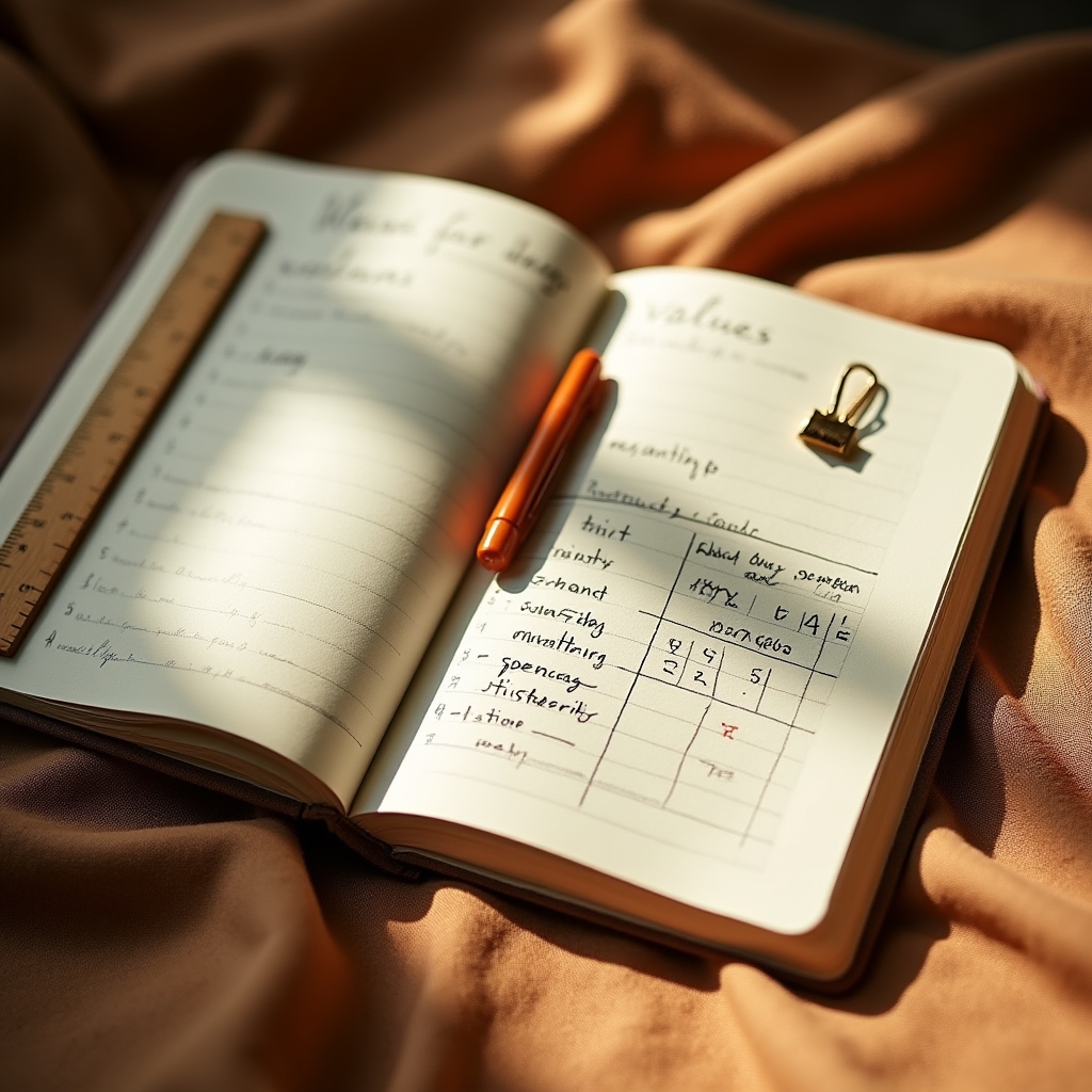 Handschriftliche Notizen zu Konsum und Werten in einem Notizbuch