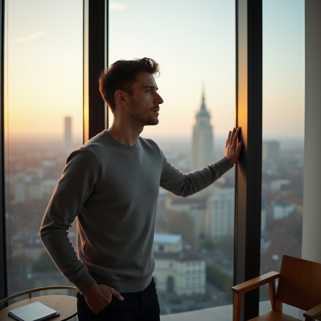 Person schaut nachdenklich aus dem Fenster auf die Stadt