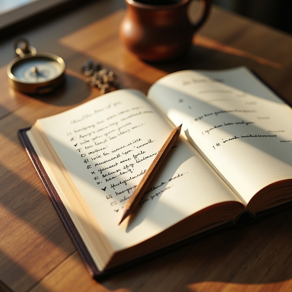 Offenes Notizbuch mit handschriftlichen Lebenszielen